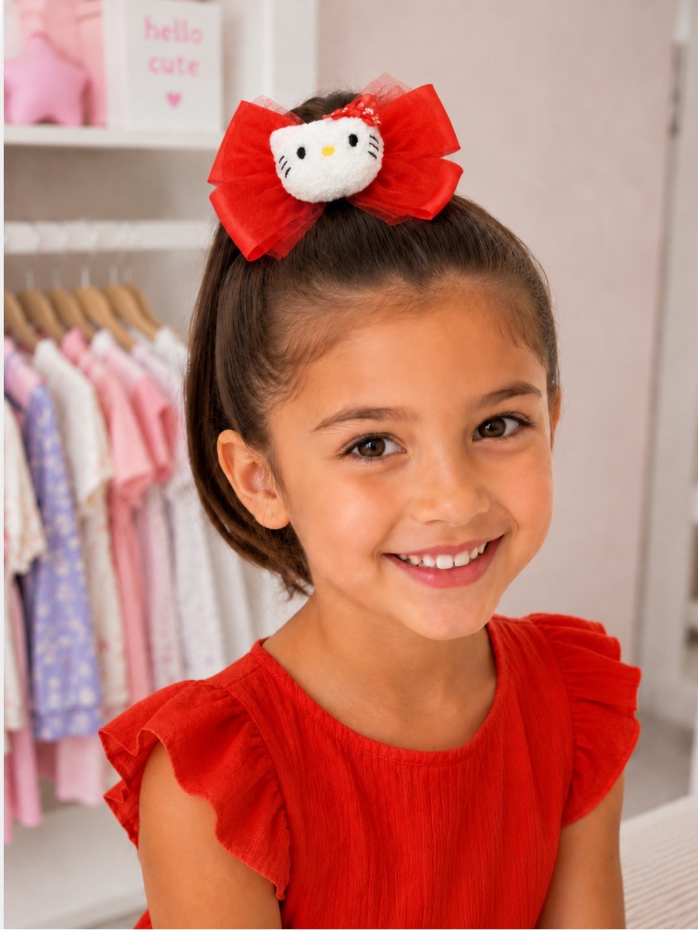 New Girls Hello Kitty Inspired Plush Classic Red Bow Hair Clip Feminine